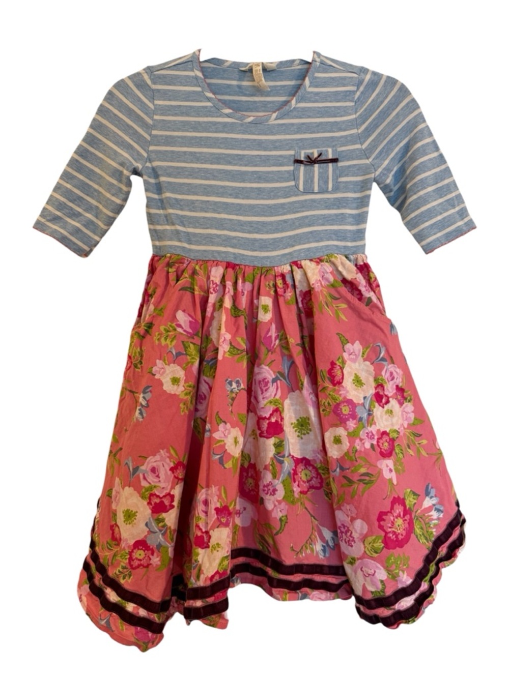 Matilda Jane Enchanted Garden Blue Stripe Pink Floral Skirt Dress with Pockets